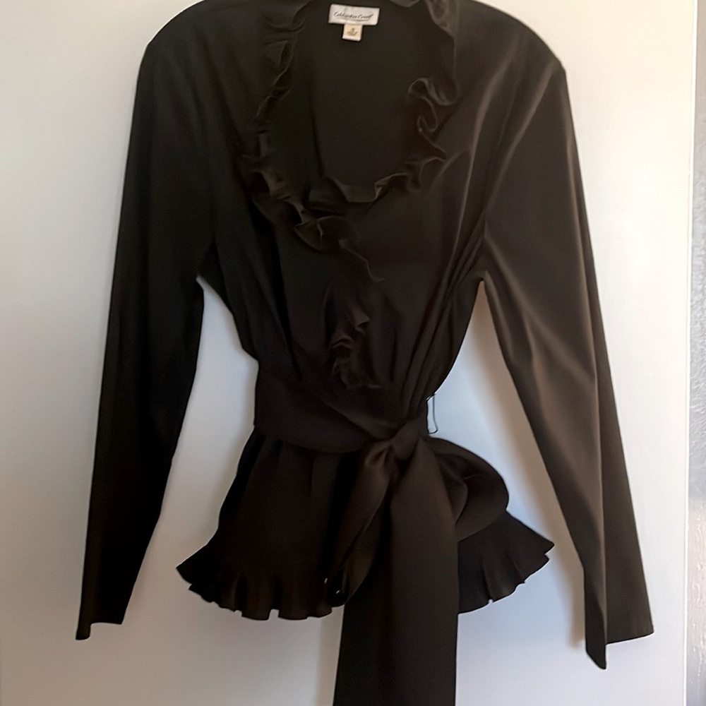 Coldwater Creek Black ruffled wrap top size 16
